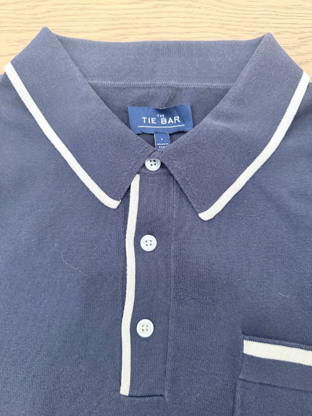 The Tie Bar Navy Knit Polo Sweater Shirt White Trim Pocket Large - Picture 5 of 7